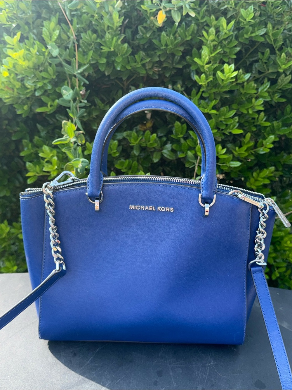 Michael Kors Cobalt Blue Leather Satchel with Chain-Trim Strap - Picture 11 of 12